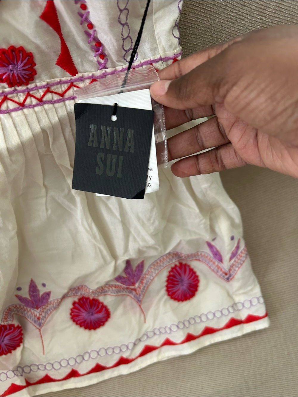Anna Sui Anthropologie Cream Top with Red & Purple Embroidery